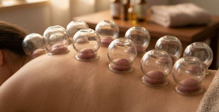 Hot cupping therapy with glass cups placed along a client's back