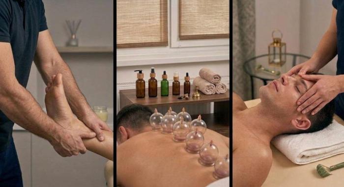 Three massage services: reflexology, hot cupping and a facial massage